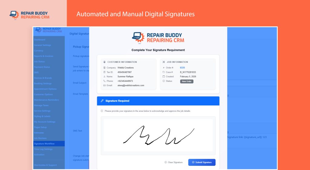 Easily get signatures from your customers for their repair jobs automated or manual