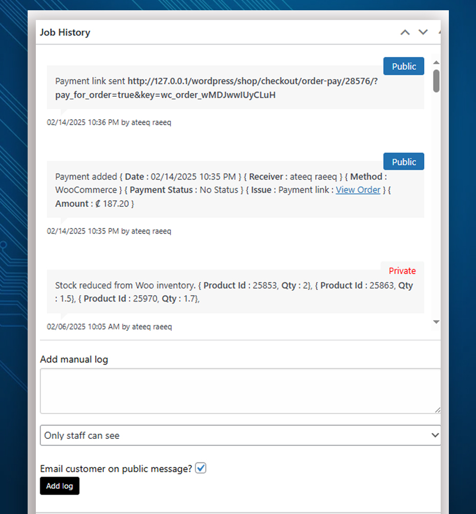 job history logs & manual logs