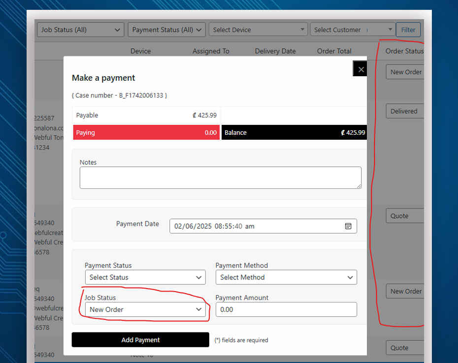 receiving a payment and updating job status