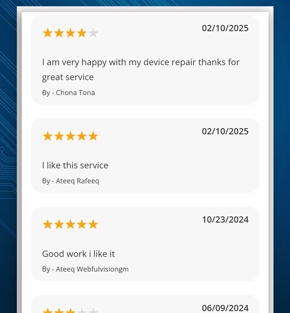 show reviews in website front for repair services