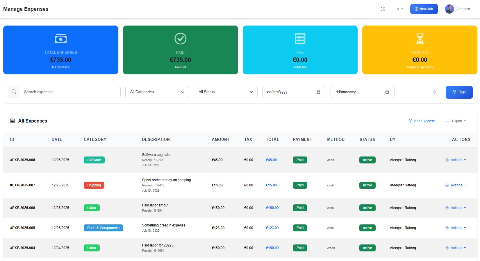 RepairBuddy expense management for job-related automotive parts and workshop costs