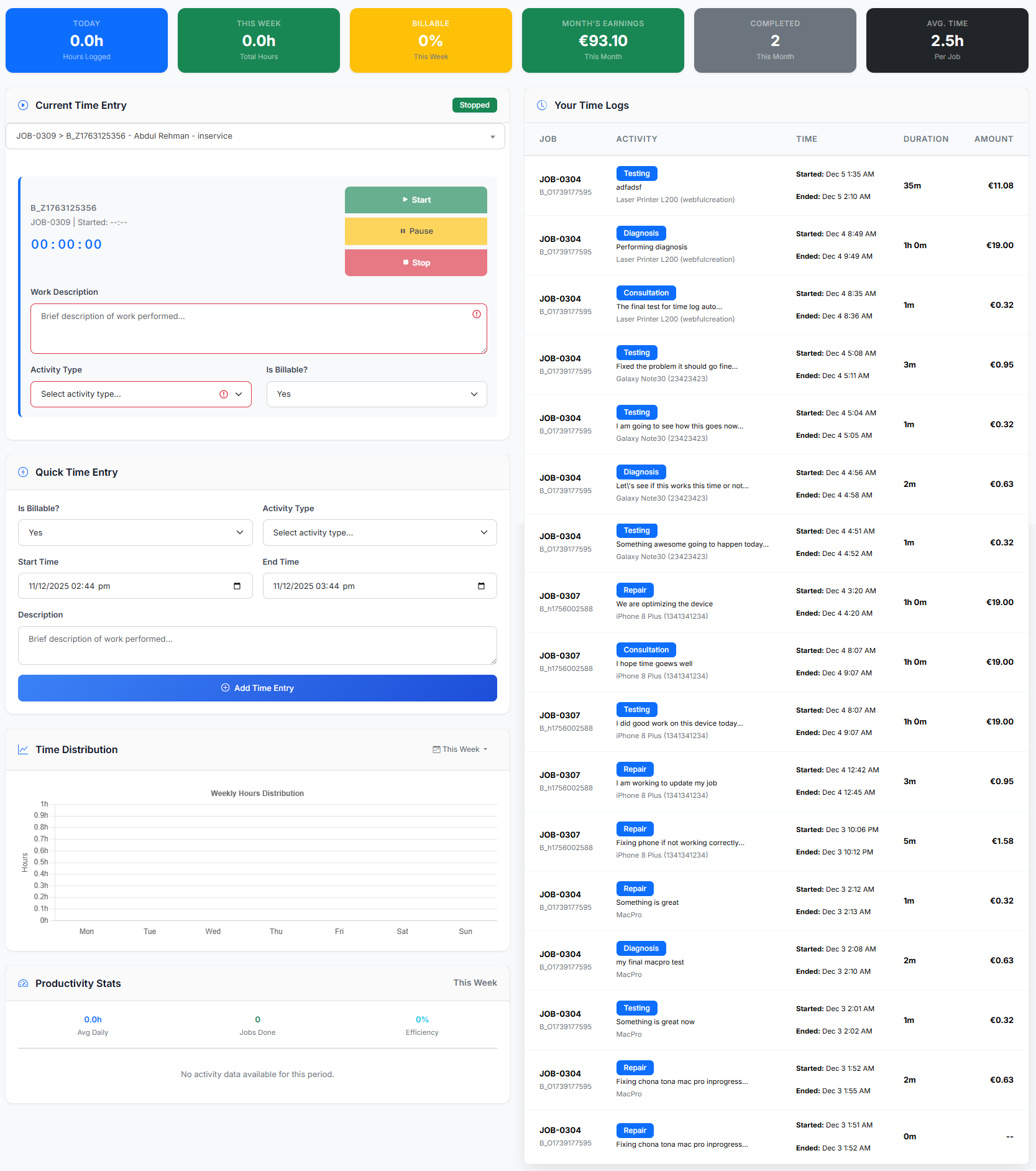 RepairBuddy time tracking software for automotive repair technicians and workshop labor logs