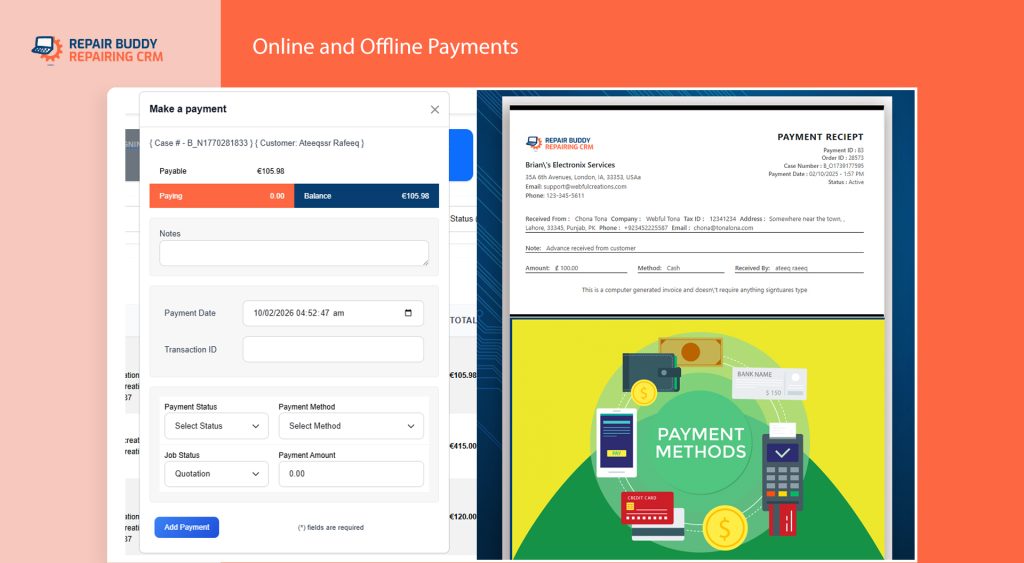 Accept online and offline payments for repairs