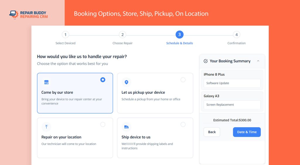 booking options includes store , ship, pickup and on location