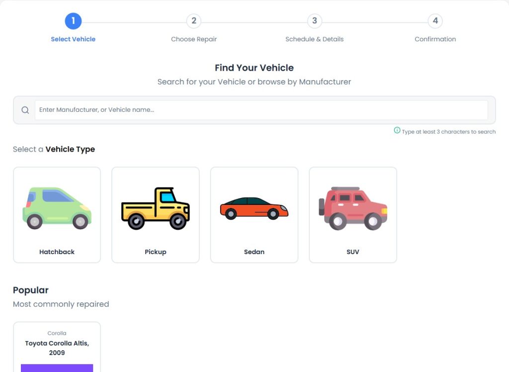 Select a type for repair booking
