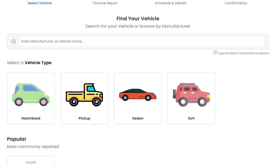 Select a type for repair booking