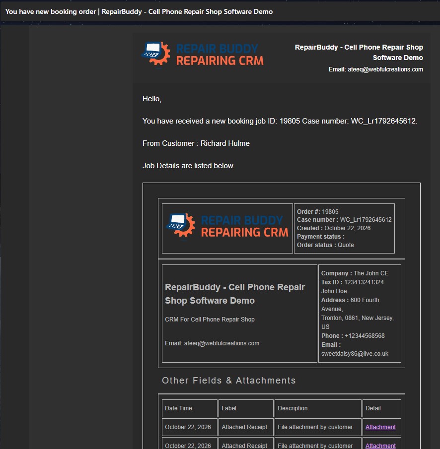 RepairBuddy administrator receives a new vehicle repair booking alert