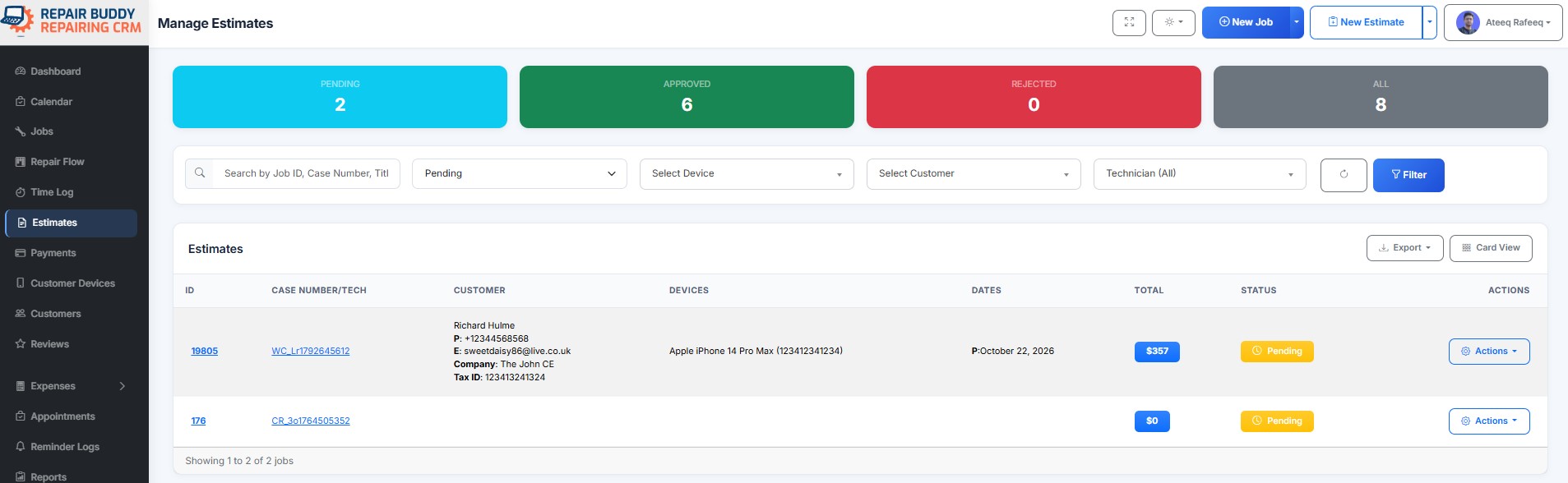 New vehicle repair booking appears as a pending estimate in RepairBuddy