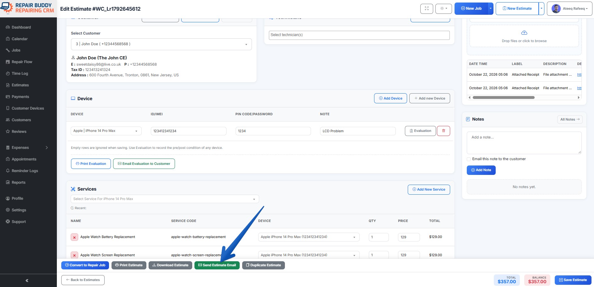 RepairBuddy estimate with automotive services, parts and extras sent to a customer for approval