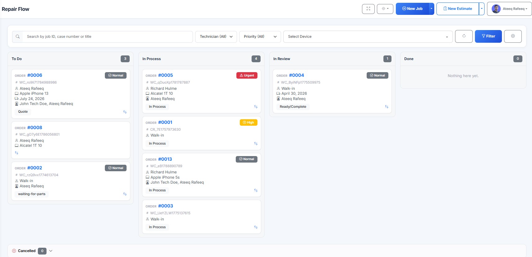 RepairBuddy repair flow board for managing automotive jobs by status