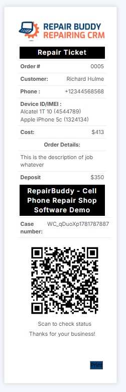 Printed RepairBuddy vehicle repair ticket provided to a customer for online job tracking