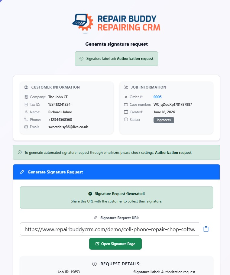 Send a digital repair authorization signature request to a customer from RepairBuddy