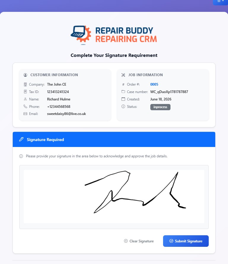 Customer completes a digital signature requirement for repair authorization