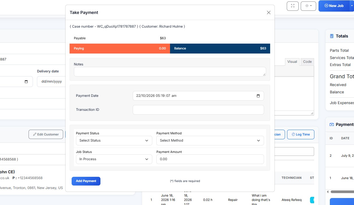 Recording an upfront payment or deposit against an automotive repair job in RepairBuddy