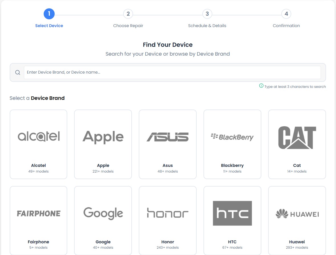 Step 2: choose a brand or manufacturer in RepairBuddy booking