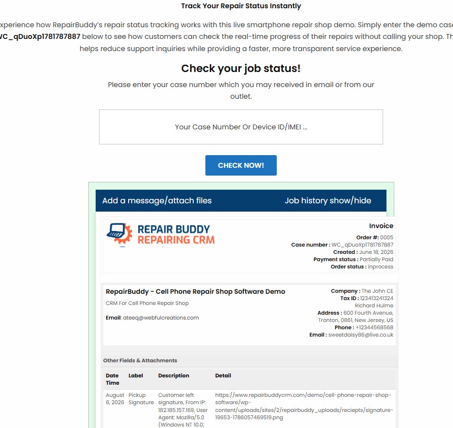 Customer checks vehicle repair status online and sends a message through RepairBuddy