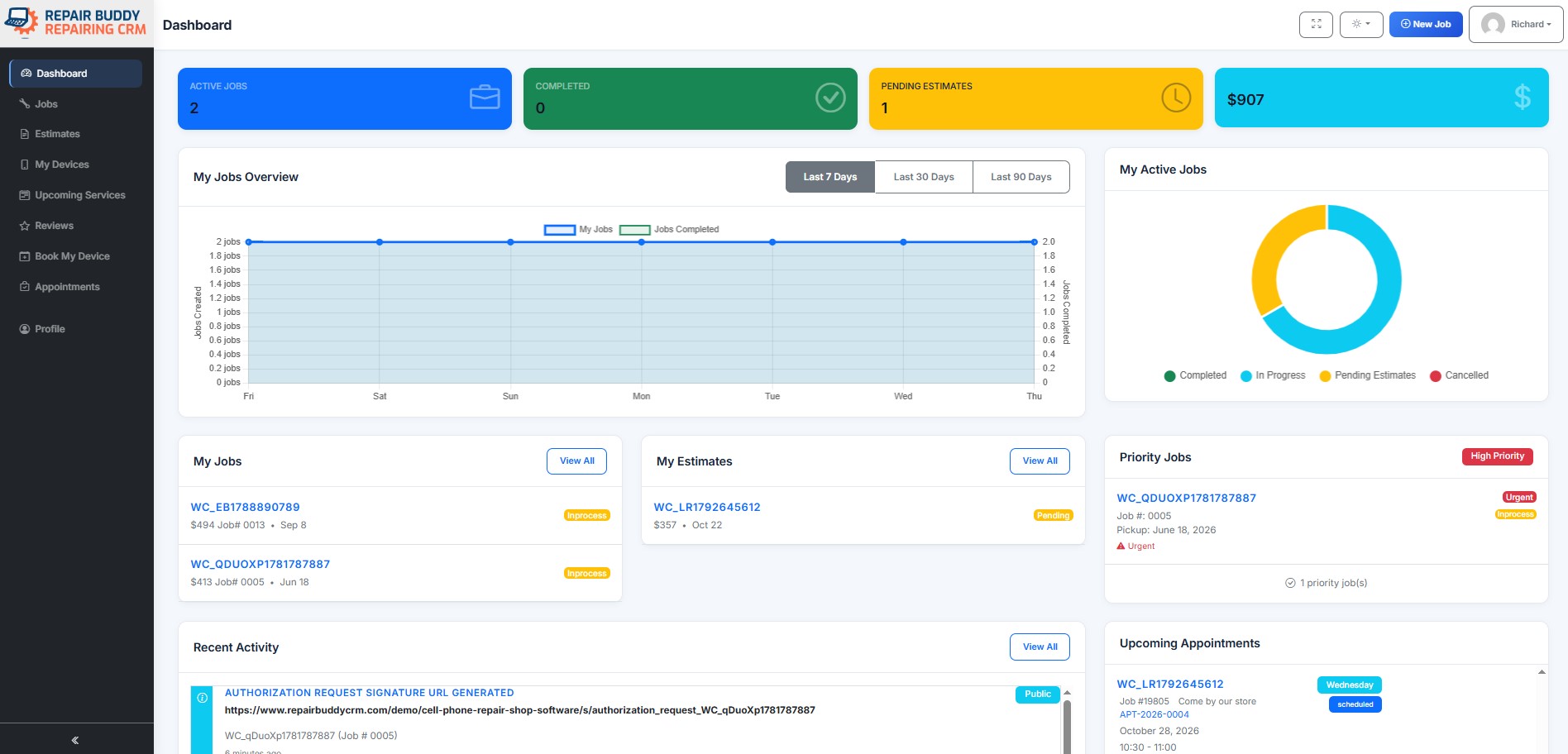 RepairBuddy customer portal for viewing vehicle repair estimates, jobs, appointments and history