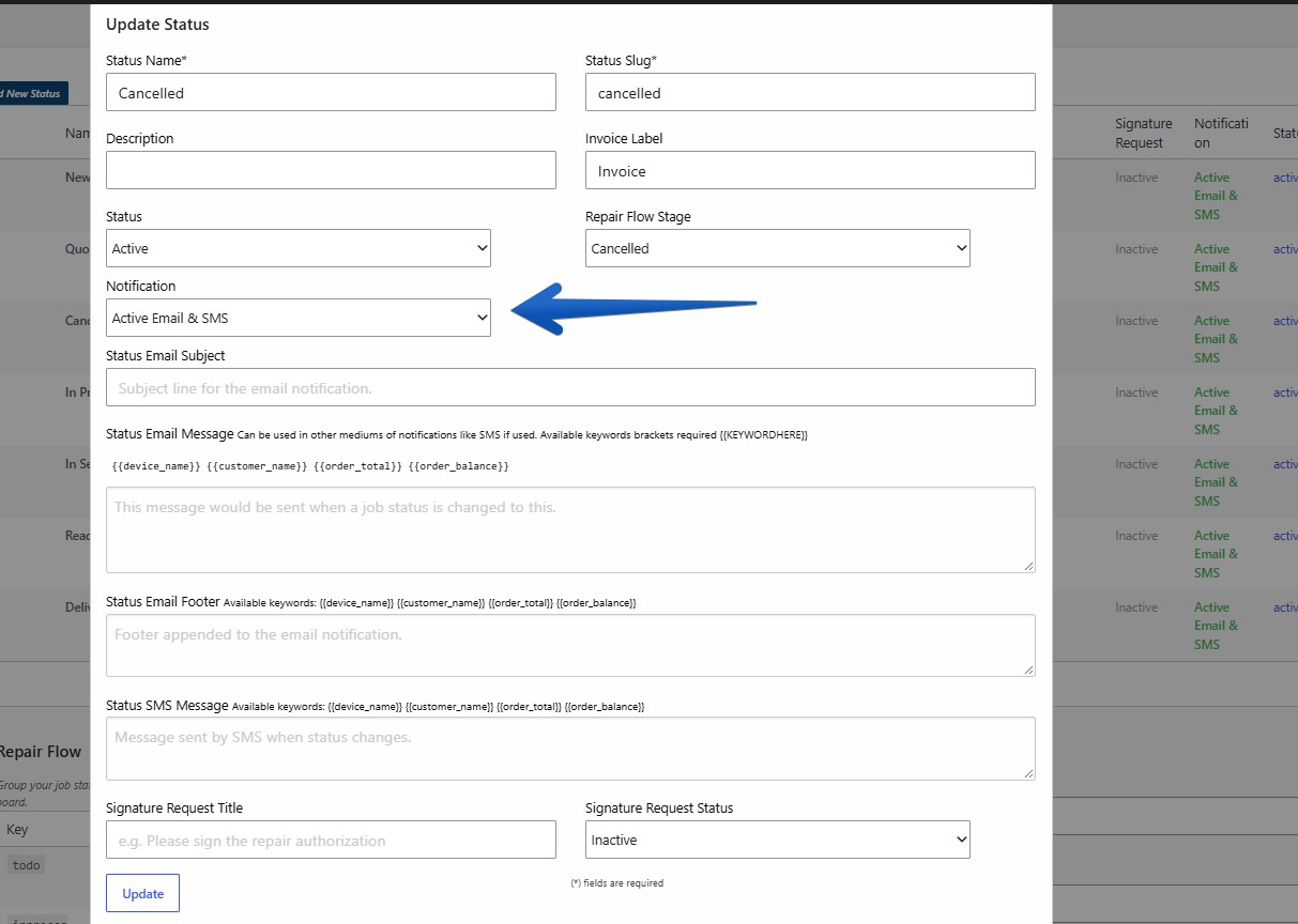 RepairBuddy automated email and SMS notifications configured for automotive repair job status changes