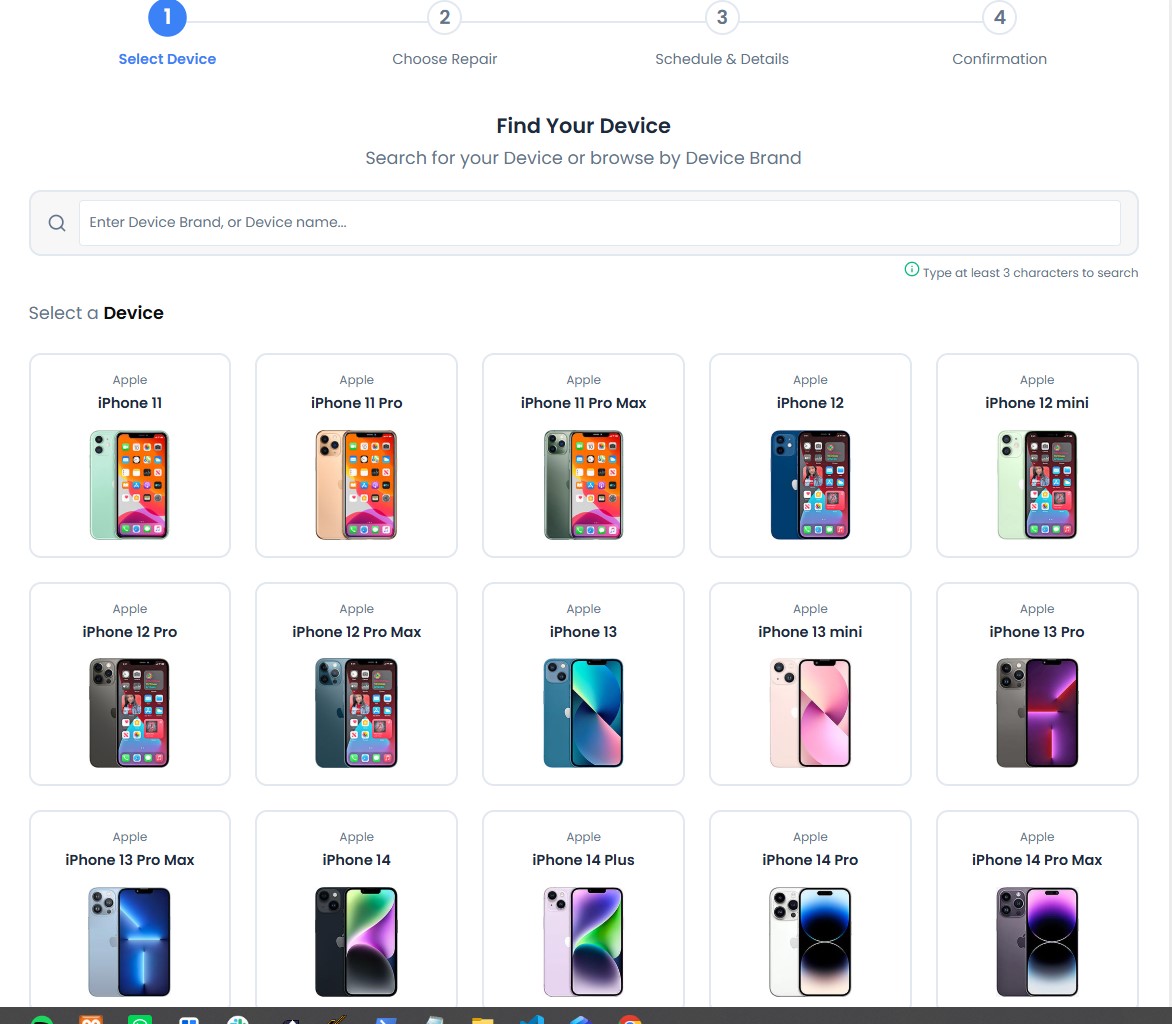 Step 3: select the device model for repair booking