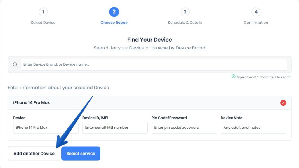 4 - Enter device details like imei or registration number password and ability to add another device