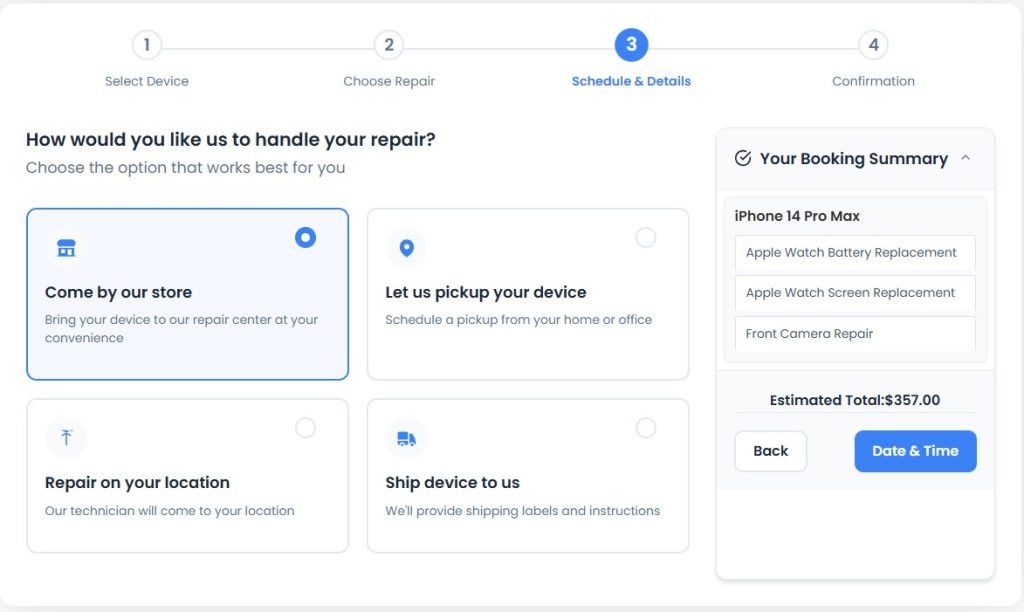 6 - select booking type - ship to us - repair on location - come to us or let us pick device