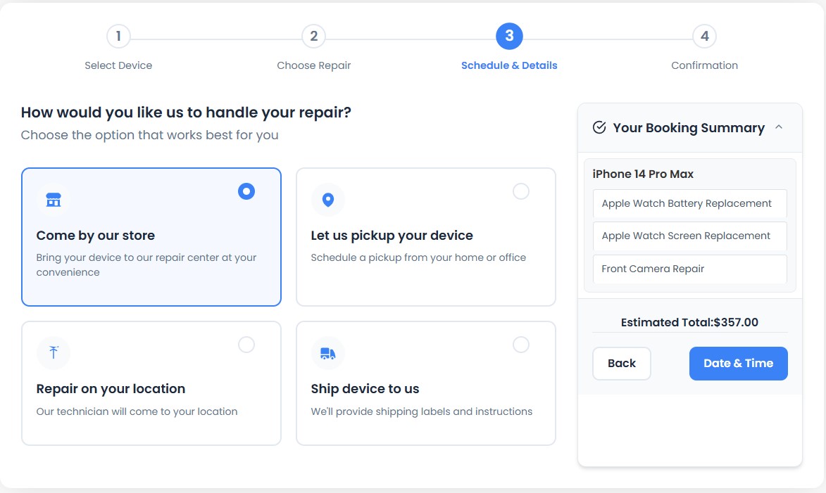 Vehicle repair booking options for workshop drop-off, on-location repair or vehicle pickup