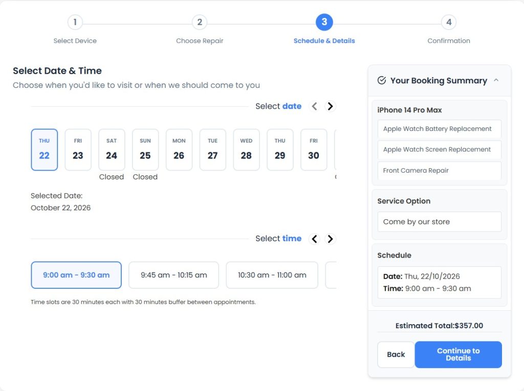 7 - select date and time for appointment booking