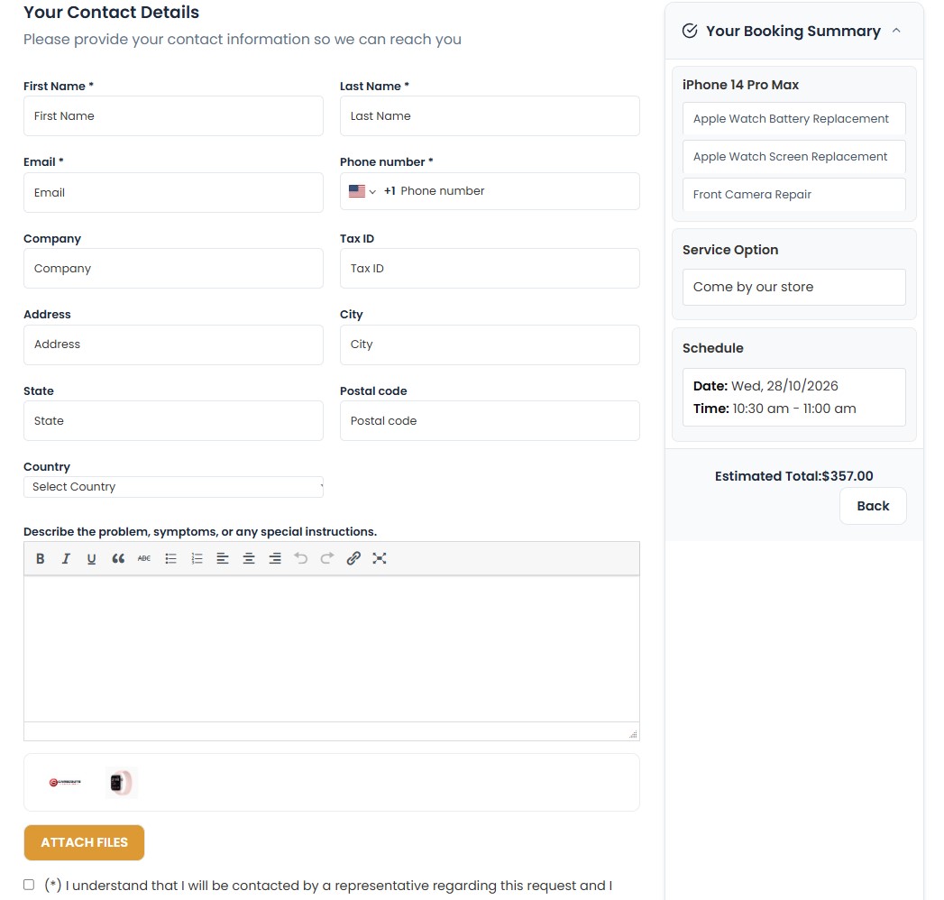 Step 8: enter customer contact details to complete repair booking