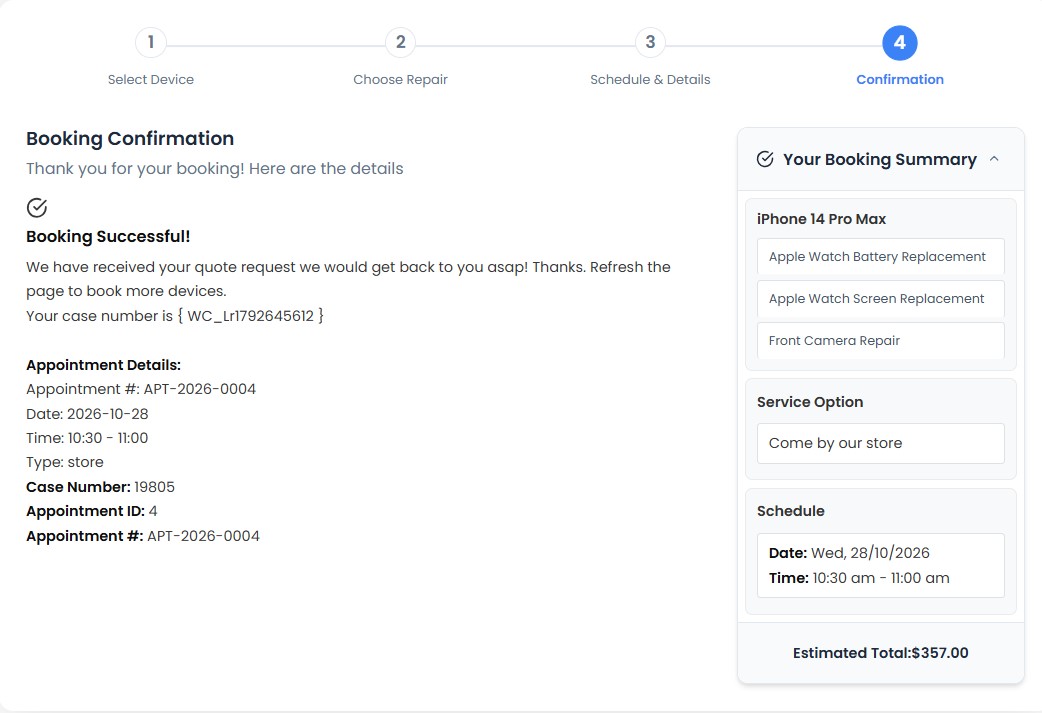 Step 9: booking confirmation screen showing repair and appointment details