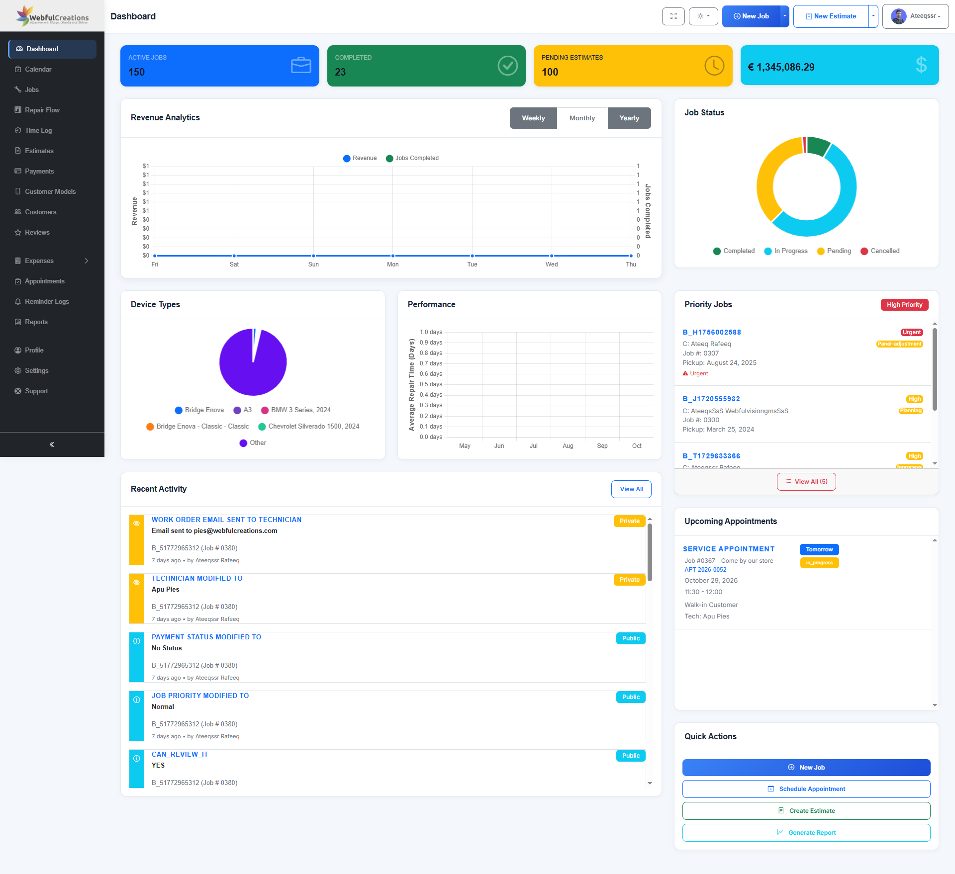 RepairBuddy auto repair shop management dashboard for workshop operations