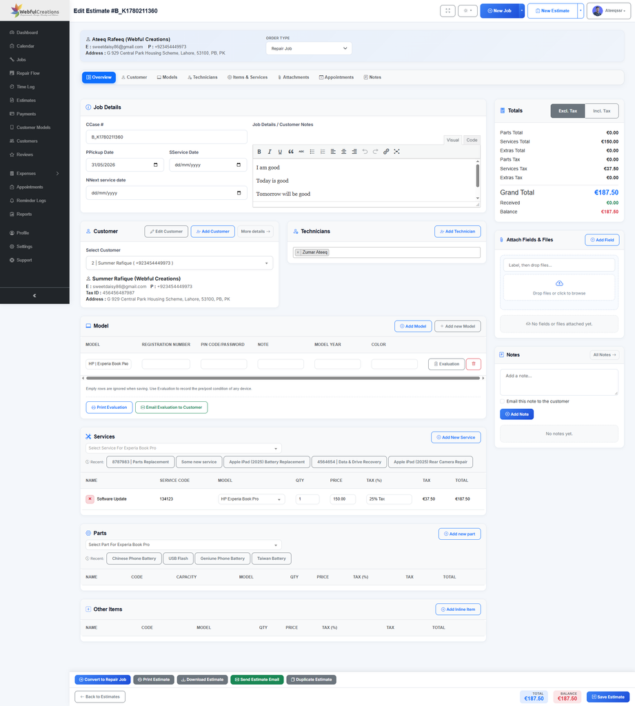 manage repair estimate manually or through booking