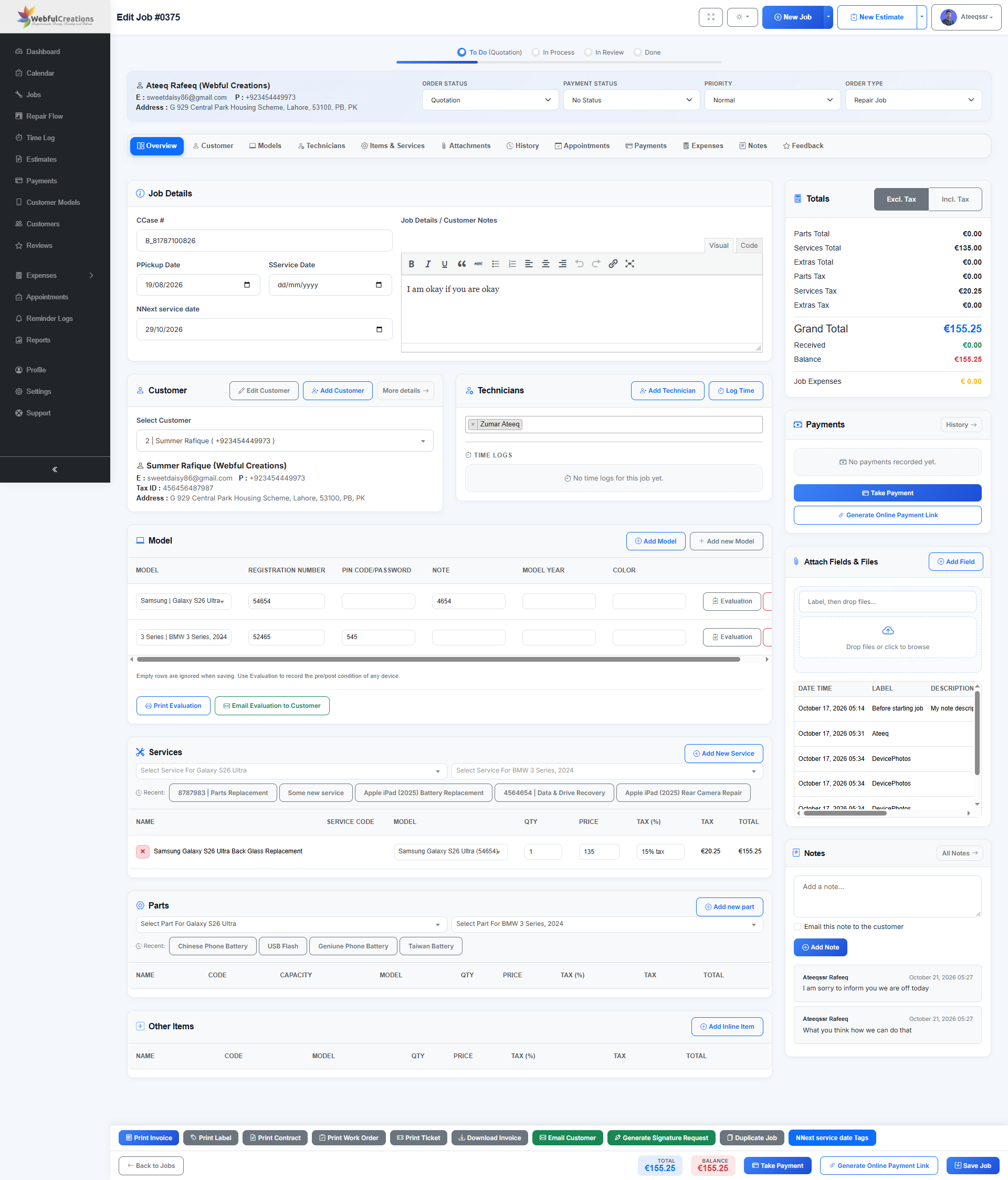 RepairBuddy comprehensive repair job management screen with services, parts, notes, payments and job history