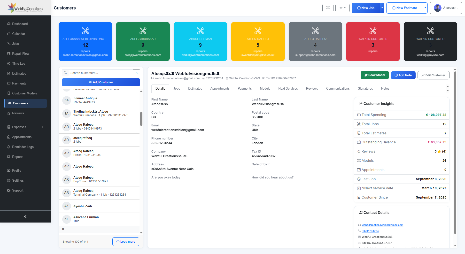 RepairBuddy customer relationship management screen showing customer insights and repair history