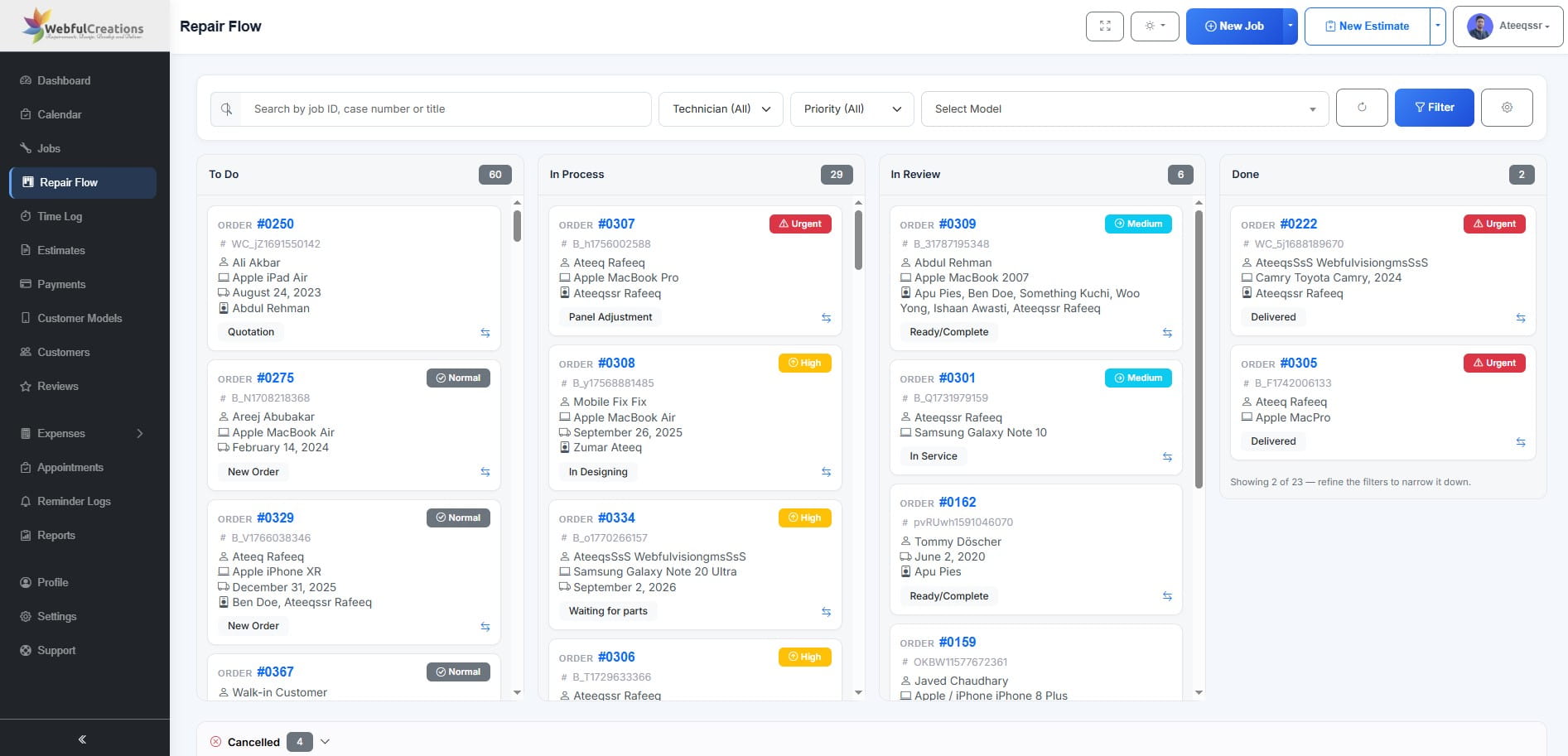 RepairBuddy repair board showing the repair workflow